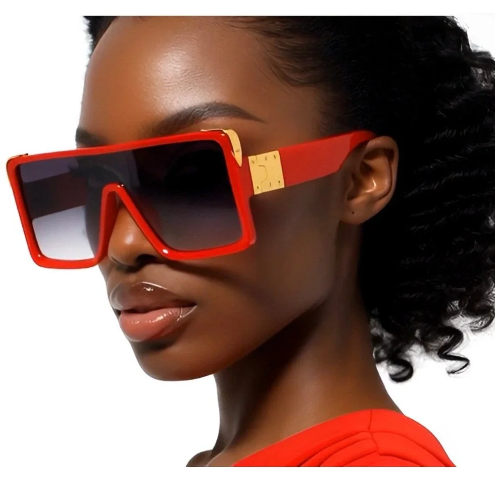 Oversized Square Sunglasses Red Frame Gold‎ Black Lens Stret Beach Wear Women